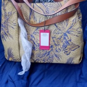 Vince Camuto convertible leather tote Tania in tropical yellow and purple NWT!